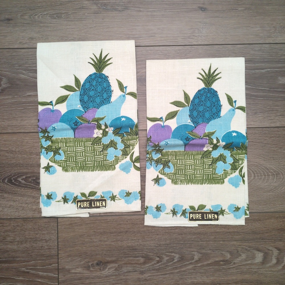 Vtg Pure Linen Fruit Basket Tea Towels Set 2 Blue Purple Strawberries Pineapple